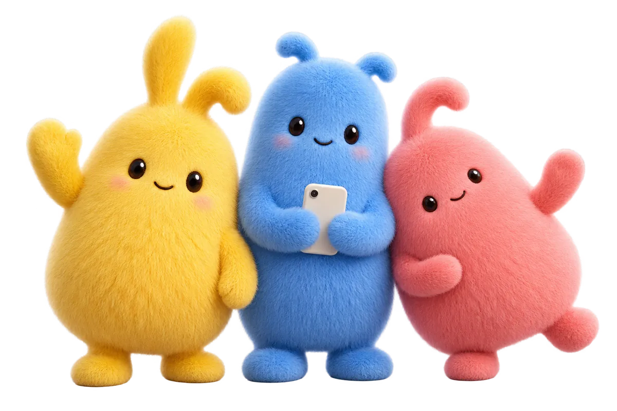 手を振る黄色とピンク、スマホを持つ青い、ふわふわの更新係