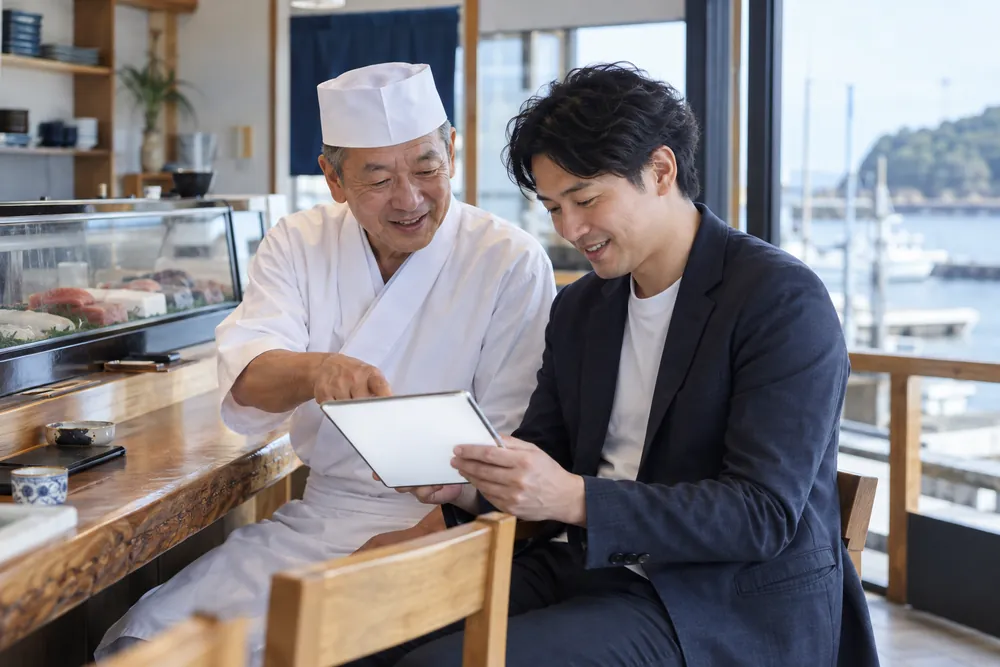 寿司店の仕事について、タブレットを見ながら相談する様子